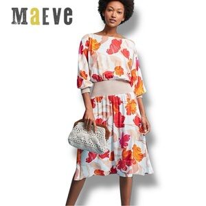 Anthropologie Maeve Orange Red Gemma Floral Print Midi Dress | Sz M